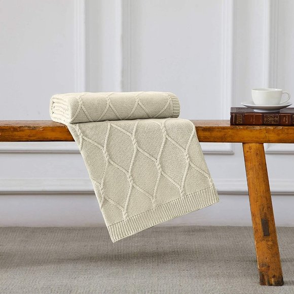 Luxury Cotton Knitted Cable Throw Blanket Cream - Picture 3 of 7